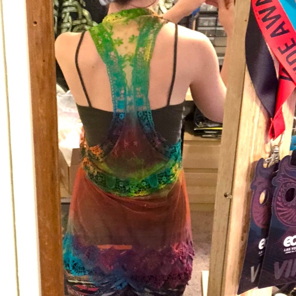 Tie dye crochet beach cover up lace top rainbow - Picture 4 of 8